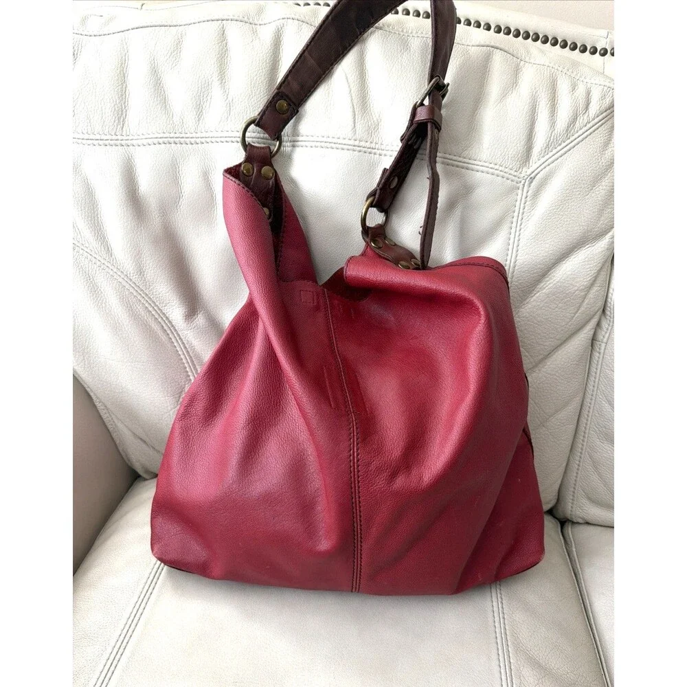 Vintage Lucky Brand Hobo Leather Bag Red Buckle Slouchy Boho Y2K